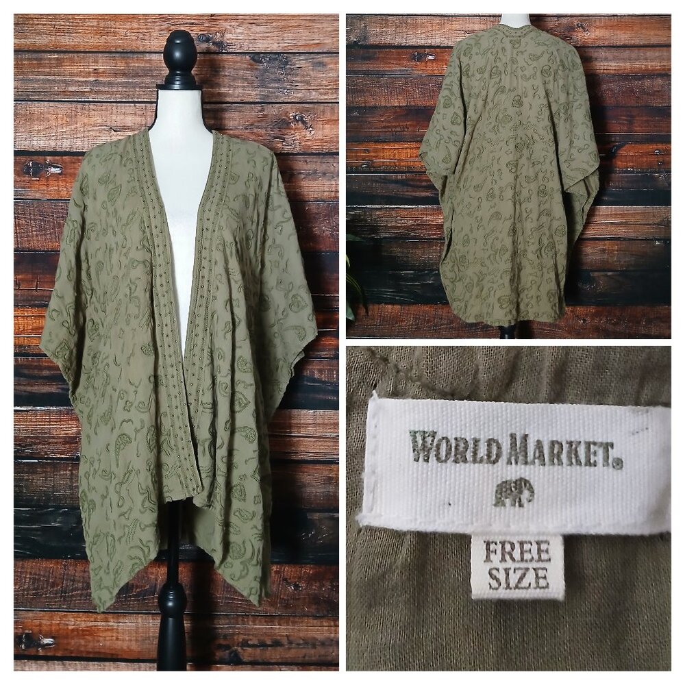 World Market One Size Open Kaftan Cardigan Embroidered Beaded Olive Green Boho